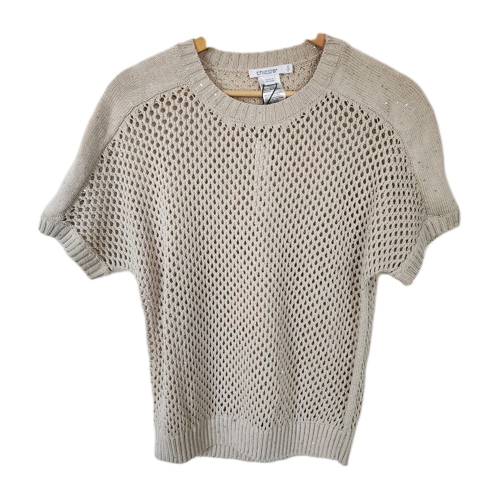 Chico's Cream Knit Short Sleeve‎ Sweater sequins NWT